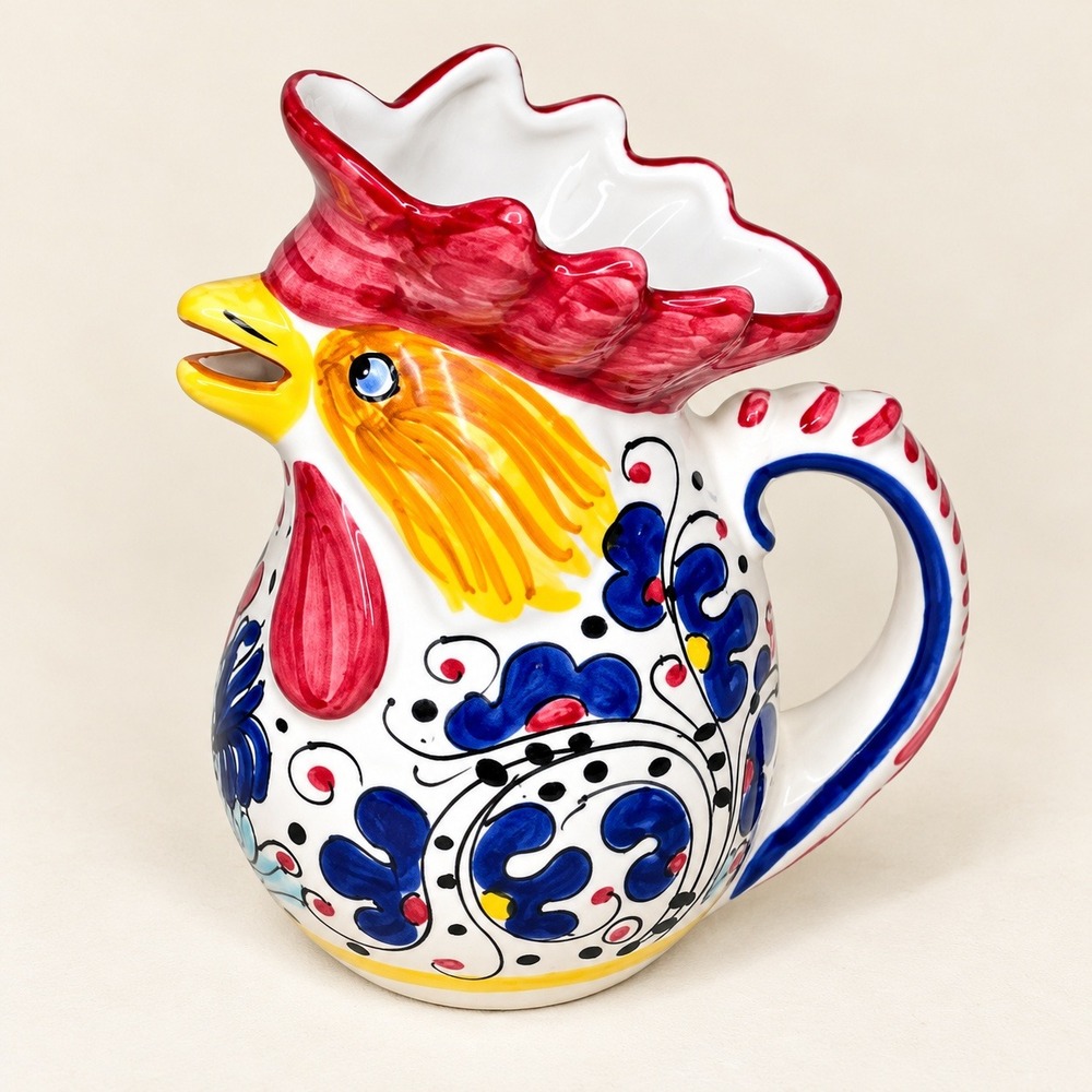 Ricco Italian Deruta Rooster Of Fortume Pottery .5 Liter Pitcher Hand Painted